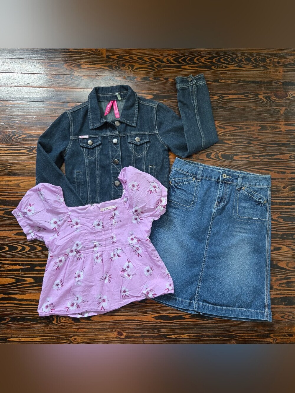 Girls Size 14 Back To School Outfit Bundle Denim Jacket Skirt Floral Top 3 Pc